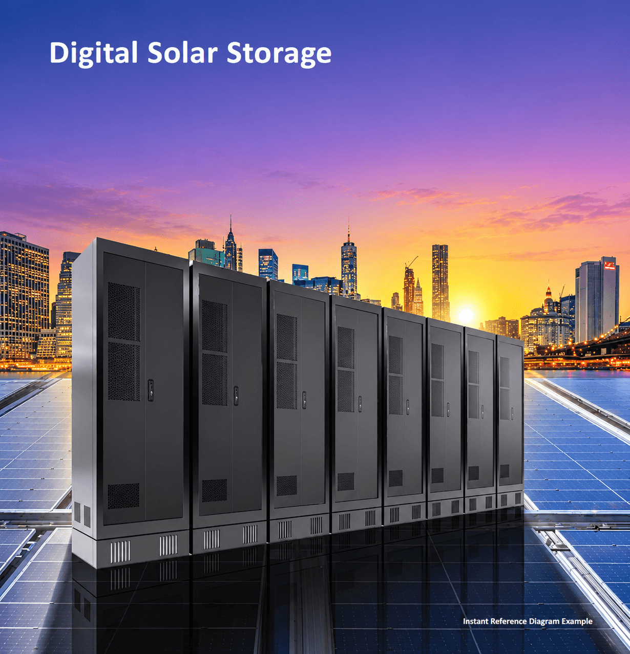 Solar and battery storage system at sunset